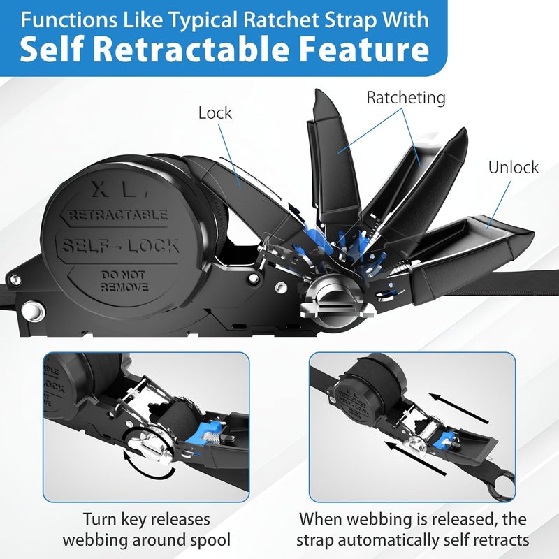 HANDT USA Based Retractable Ratchet Straps (2PK) 1in x 16ft - 1,500lb Break Strength, Heavy Duty Automatic Ratchet Straps Self Retractable Tie Down, Push Button Retracting Truck Trailer Cargo | Black - Image 3